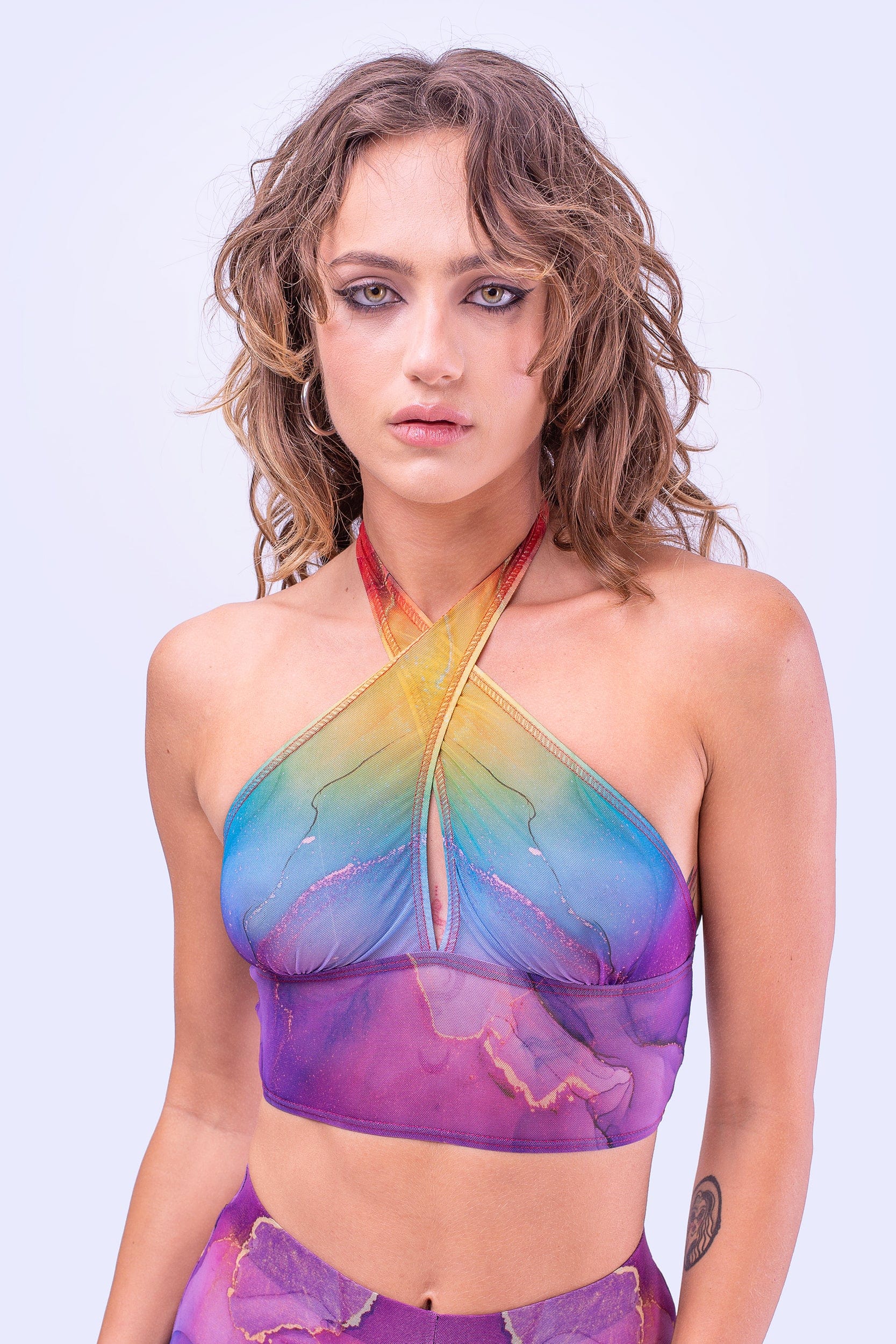 Rainbow Marble Sleeved Crossed Mesh Top - Image 3