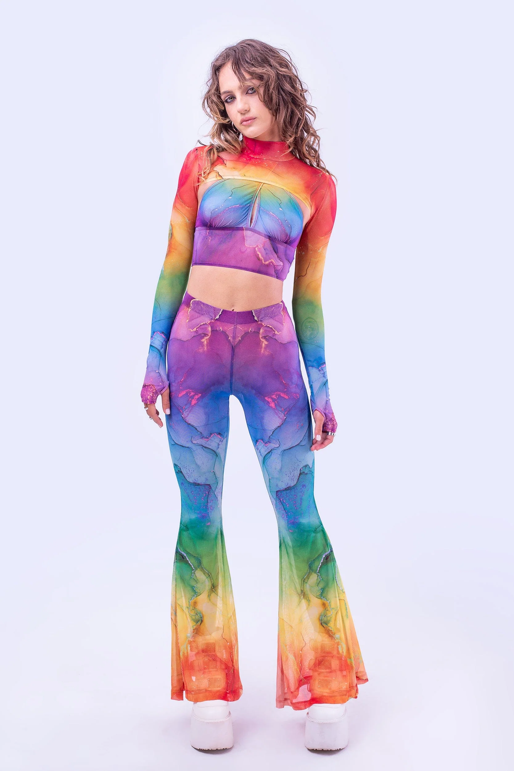 Rainbow Marble Sleeved Crossed Mesh Top - Image 4